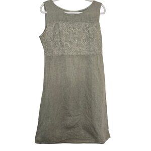 Lina Tomei Crew Neck Sequin Embroidered Linen Midi Dress olive color, size L